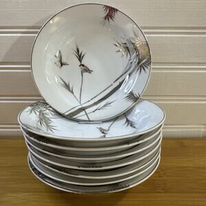 8 Vintage Hand painted Kutani 5.5" Bowl Birds In Bamboo - KUT99